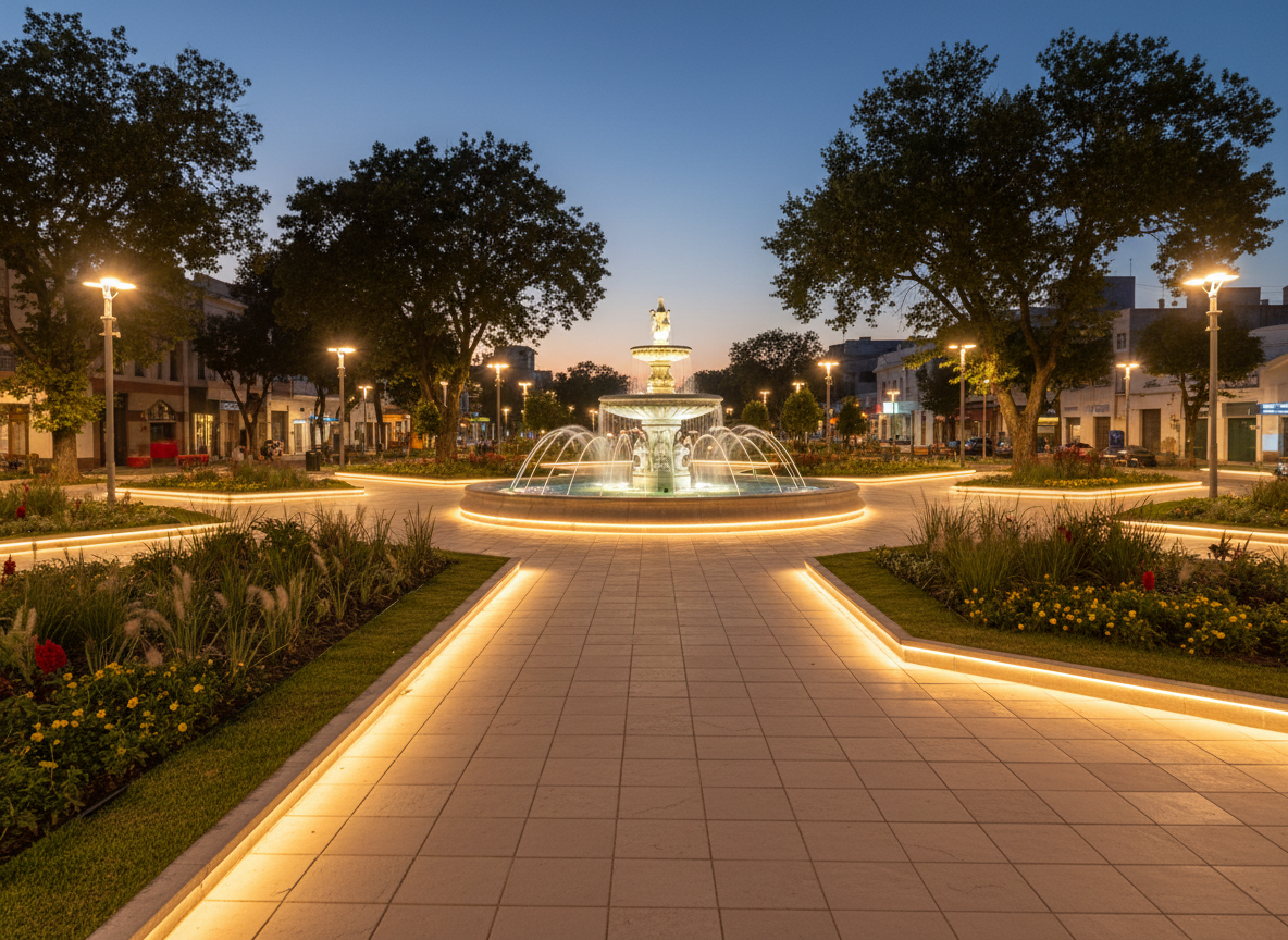 Plaza pública recuperada e iluminada en la región del Litoral al atardecer