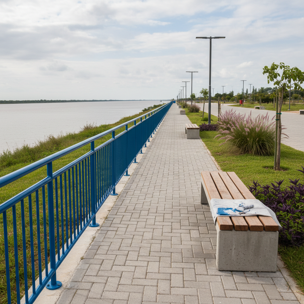 Escena fotográfica de mantenimiento integral en un espacio público costero típico del Litoral: paseo peatonal junto a un río ancho, barandas metálicas recién pintadas, luminarias modernas alineadas, bancos de hormigón y madera restaurados, solados de bloques intertrabados limpios. No hay personas, solo las huellas del trabajo terminado: pintura fresca, césped prolijo, canteros con plantas nativas. Cielo parcialmente nublado con luz difusa, sin sombras duras, enfatizando texturas y colores reales. Composición en perspectiva diagonal siguiendo el paseo hacia el horizonte, alta profundidad de campo, estilo realista documental que resalta la mejora urbana y el cuidado del espacio público.