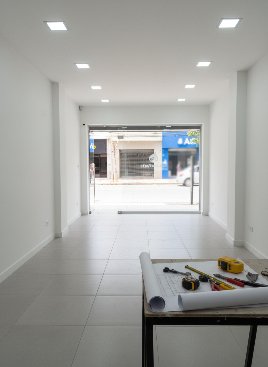Interior de comercio del Litoral recién renovado por una obra integral: piso porcelanato gris claro impecable, techo nuevo con iluminación LED embutida, paredes blancas lisas con zócalos rectos y prolijos. Al fondo, una vidriera realista da a una calle comercial argentina, con carteles y fachadas difuminadas para evitar texto legible. Sobre una mesa de obra se observan planos desplegados, nivel láser, cinta métrica y herramientas ordenadas. Luz mixta: natural que entra por la vidriera y luz fría de los spots LED, generando un ambiente luminoso y profesional. Toma a nivel de ojos, gran angular moderado, nitidez completa, transmitiendo modernización, orden y calidad constructiva.