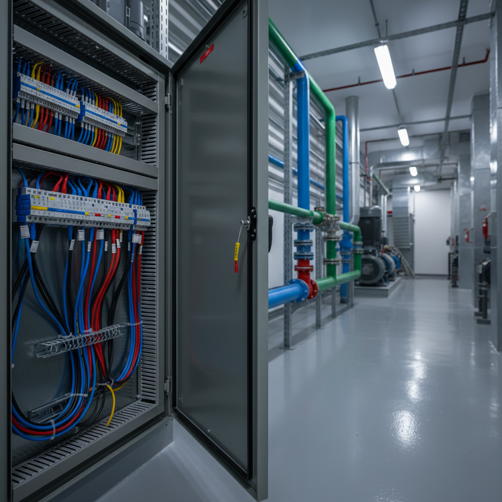 Primer plano técnico de una sala de máquinas y tableros eléctricos de una empresa del Litoral tras una obra de mantenimiento integral: gabinete metálico moderno abierto, con cableado prolijo, etiquetas de seguridad sin texto legible, cañerías pintadas y alineadas, piso epoxi gris brillante. Al fondo se insinúan otras instalaciones industriales reales, desenfocadas para no parecer genéricas. Iluminación fría y uniforme, proveniente de luminarias industriales, creando reflejos suaves en el metal y el piso. Fotografía en ángulo ligeramente bajo, enfoque muy nítido en conexiones y terminaciones, atmósfera de orden, seguridad y profesionalismo técnico, estética limpia y contemporánea, ideal para comunicar servicios a empresas e instituciones.