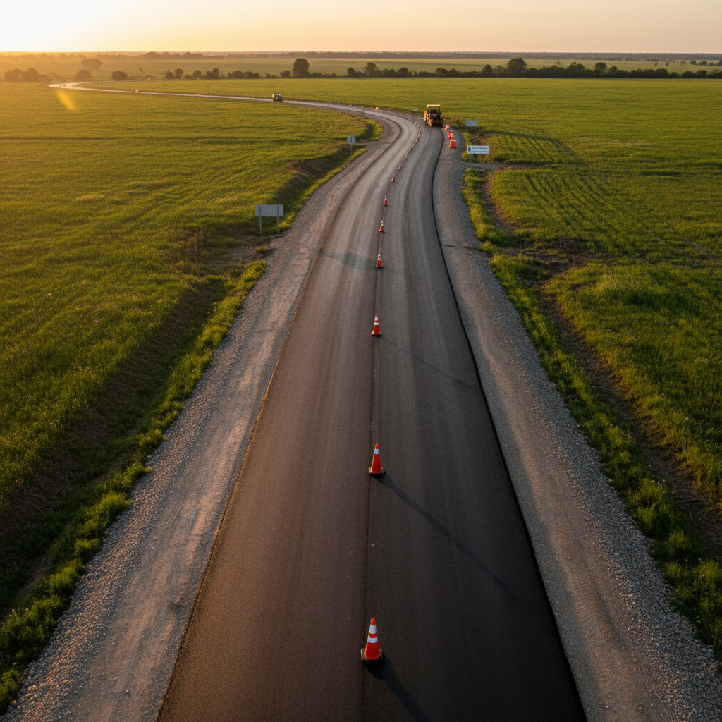 Obra vial en una ruta secundaria del Litoral argentino recién pavimentada: cinta asfáltica negra perfectamente lisa que serpentea entre campos verdes reales, banquinas estabilizadas y señales verticales nuevas sin textos legibles. Se aprecian conos y barreras organizadas, maquinarias de obra detenidas a lo lejos, sin operadores. Luz de atardecer dorada, creando reflejos cálidos sobre el asfalto y sombras alargadas en los taludes. Composición en perspectiva central, la ruta conduce la vista hacia el horizonte, gran profundidad de campo. Estilo fotográfico realista, documental, transmitiendo progreso, conectividad y calidad en obras integrales de infraestructura para municipios y regiones.