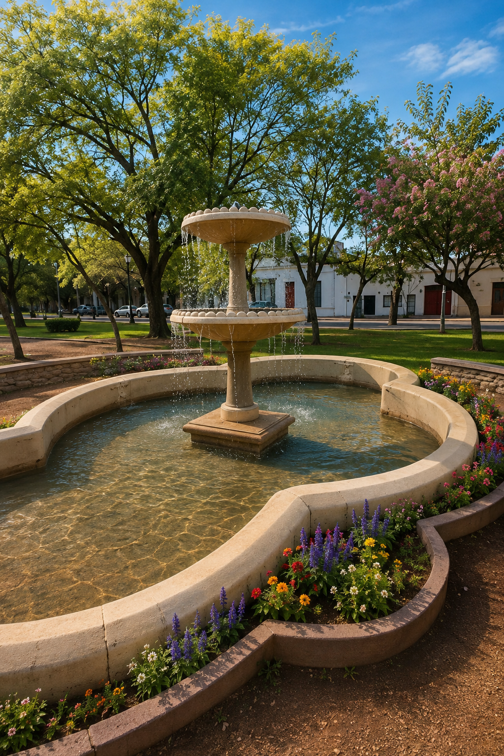 Fuente con flores y árboles