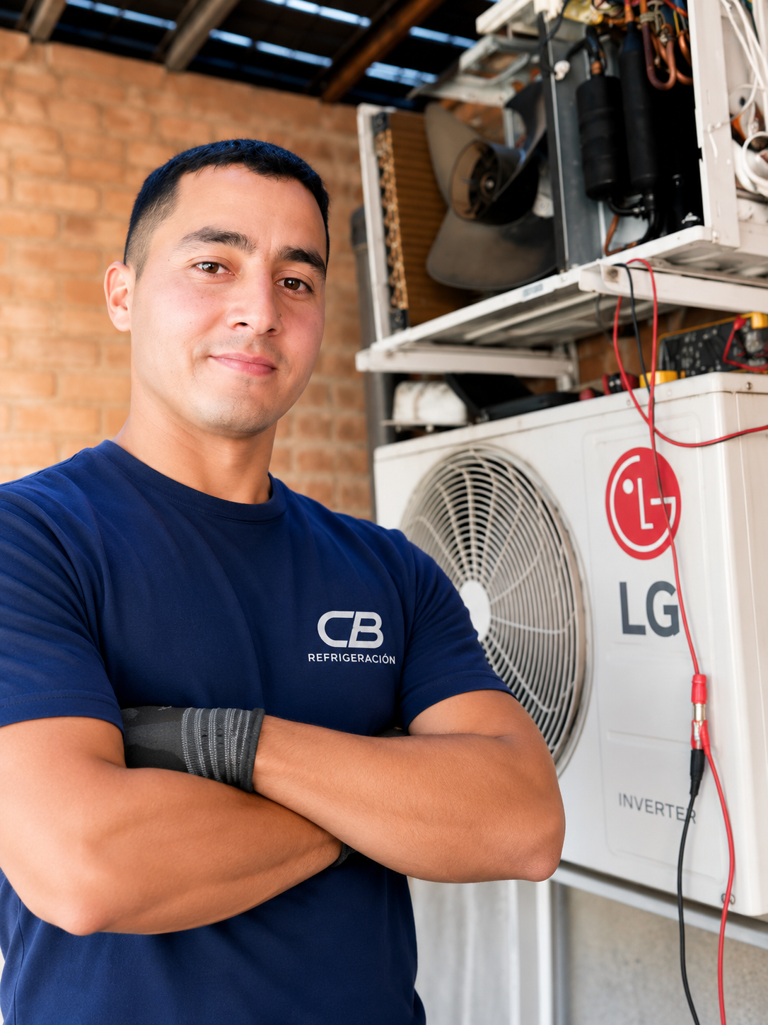 Claudio de CB Refrigeración frente a un aire acondicionado LG